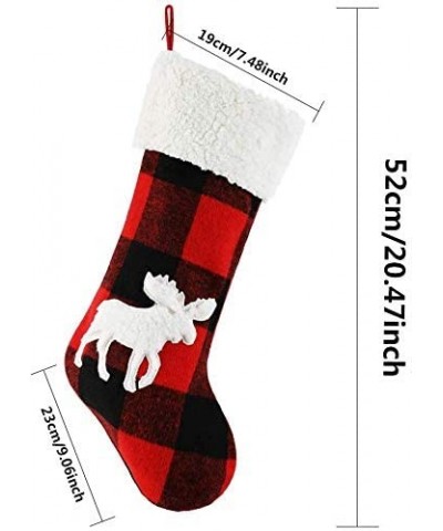 Set of 2 Red and Black Plaid Farmhouse Christmas Stockings- Girls Embroidered Plush Moose Christmas Stockings with Faux Fur C...