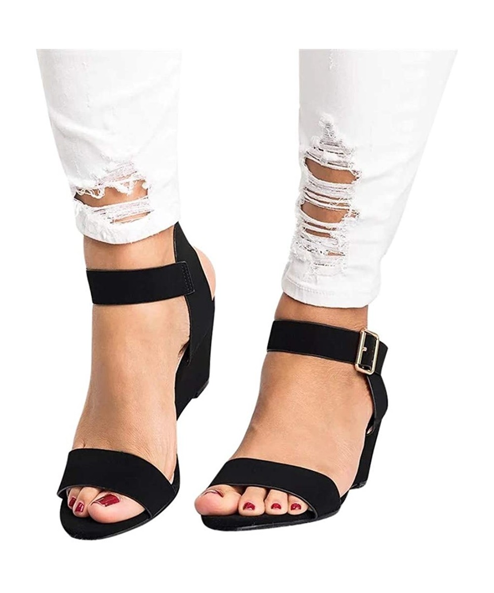 Sandals for Women Wide Width-Open Toe Slip On Platform Sandal Espadrilles Buckle Strap Wedges Shallow Beach Shoes - Z99-black...