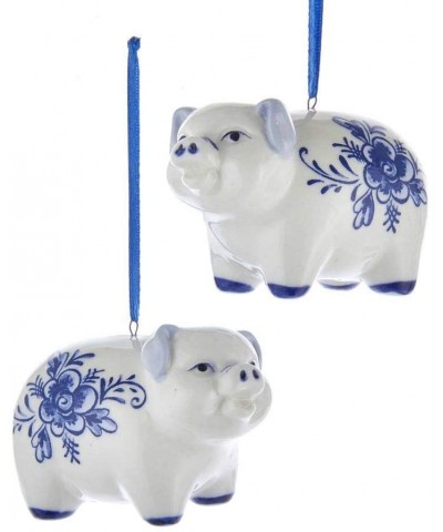 Pig Delft Blue and White 3 inch Porcelain Ceramic Christmas Ornaments Set of 2 - CO18WXZDSNN $9.86 Ornaments