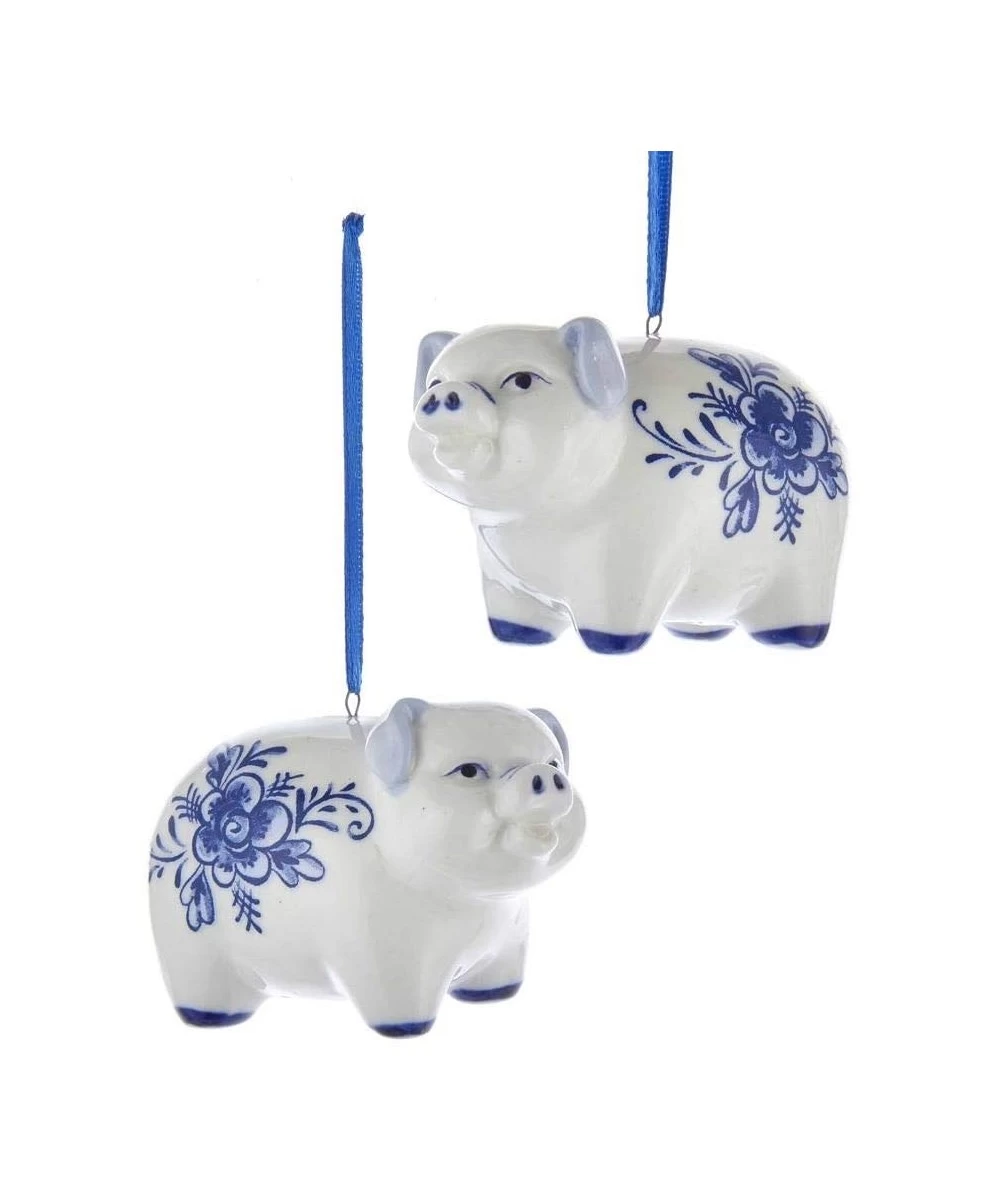 Pig Delft Blue and White 3 inch Porcelain Ceramic Christmas Ornaments Set of 2 - CO18WXZDSNN $9.86 Ornaments