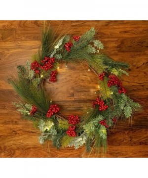 22 Inch Light-Up Christmas Wreath with Pine & Red Cranberries- Battery Operated LED Lights with Timer - CM18IA8U3OG $28.76 Wr...