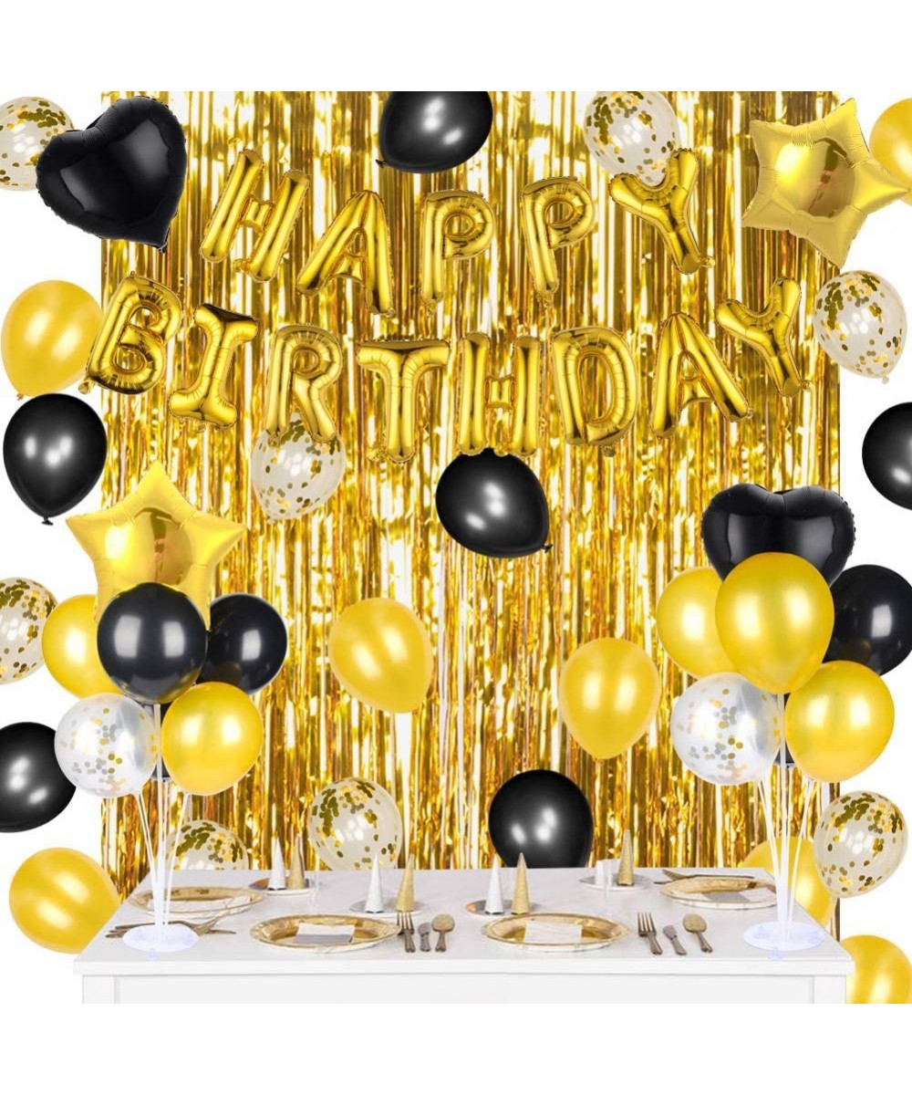 Black Birthday Party Decorations Set with Balloon Table Stand- Gold Happy Birthday Balloons Banner- Gold Foil Fringe Curtain ...