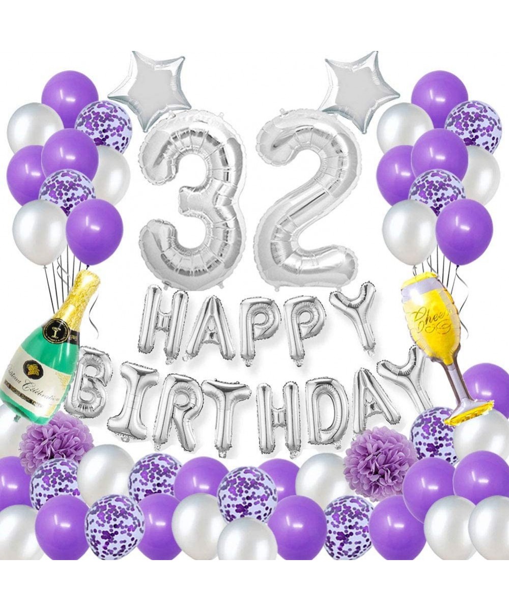 Happy 32ND Birthday Party Decorations Pack-Purple Silver Theme Happy Birthday Banner Foil Number 32 12inch Purple Confetti Ba...