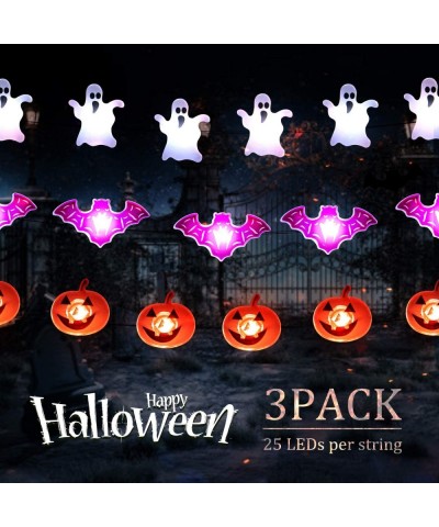 Halloween Lights- Set of 3 String Lights Battery Operated- 25 LEDs String Lights with Orange Pumpkins- Purple Bats- White Gho...