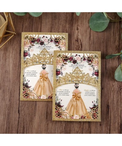 5x7.2 inch 1PC Blank Gold Glitter Quinceanera Invitations Kit Laser Cut Hollow Crown Pocket Quinceanera Invitation Cards with...