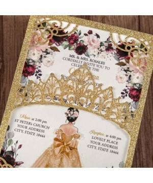 5x7.2 inch 1PC Blank Gold Glitter Quinceanera Invitations Kit Laser Cut Hollow Crown Pocket Quinceanera Invitation Cards with...