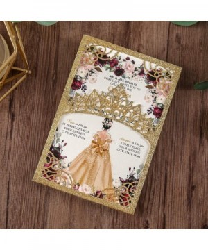 5x7.2 inch 1PC Blank Gold Glitter Quinceanera Invitations Kit Laser Cut Hollow Crown Pocket Quinceanera Invitation Cards with...