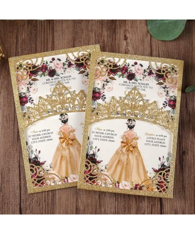 5x7.2 inch 1PC Blank Gold Glitter Quinceanera Invitations Kit Laser Cut Hollow Crown Pocket Quinceanera Invitation Cards with...