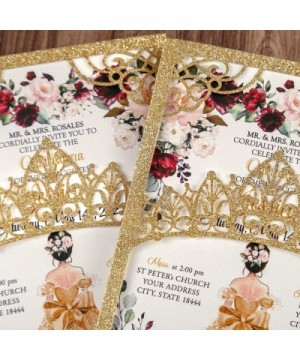 5x7.2 inch 1PC Blank Gold Glitter Quinceanera Invitations Kit Laser Cut Hollow Crown Pocket Quinceanera Invitation Cards with...