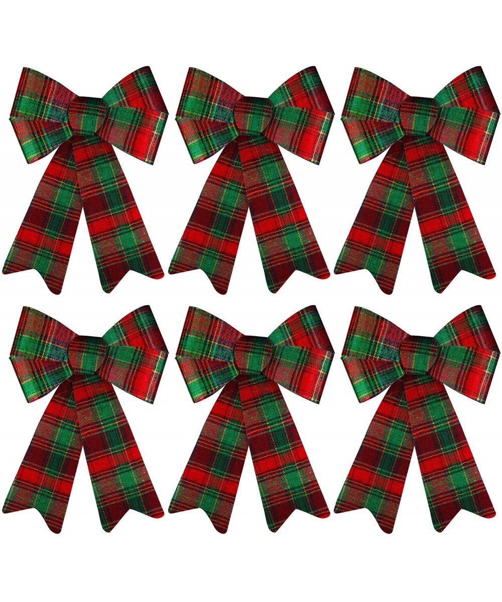 6 Pack Red with Green Buffalo Plaid Bows Christmas Wreaths Bows Velvet Christmas Bows for Christmas Indoor and Outdoor Decora...