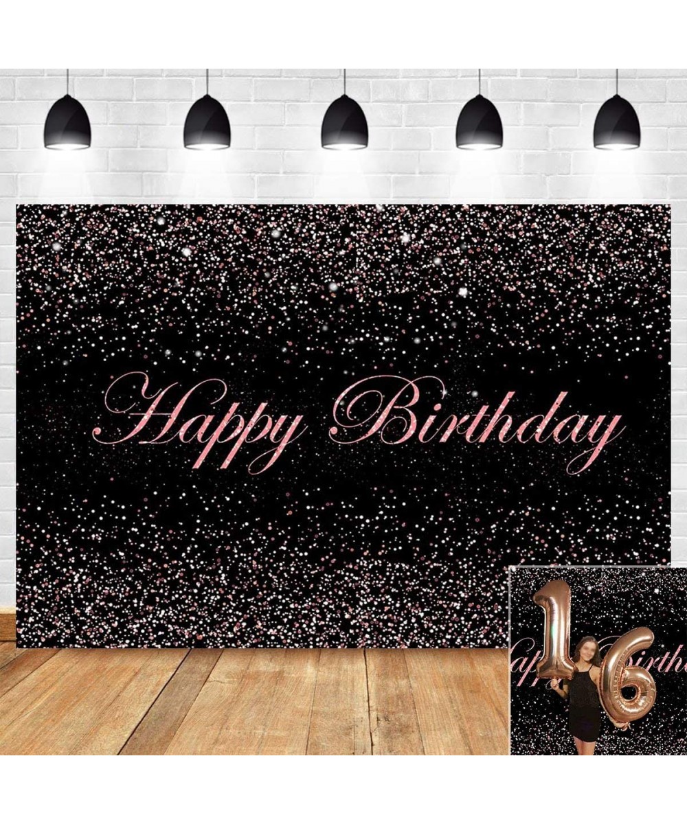 Black and Rose Pink Photography Backdrop Vinyl 7x5ft Happy Birthday Banner Decorations for Girls Princess Sweet 16th Bday Par...