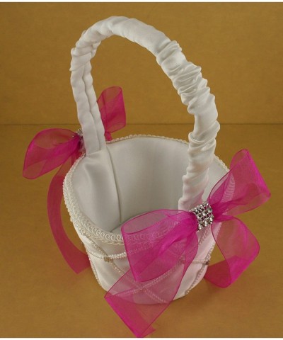 White Fabric Lattice Design Wedding Flower Girl Basket Organza Bow & Faux Rhinestone Accent (FUCHSIA BOW) - Fuchsia Bow - CP1...