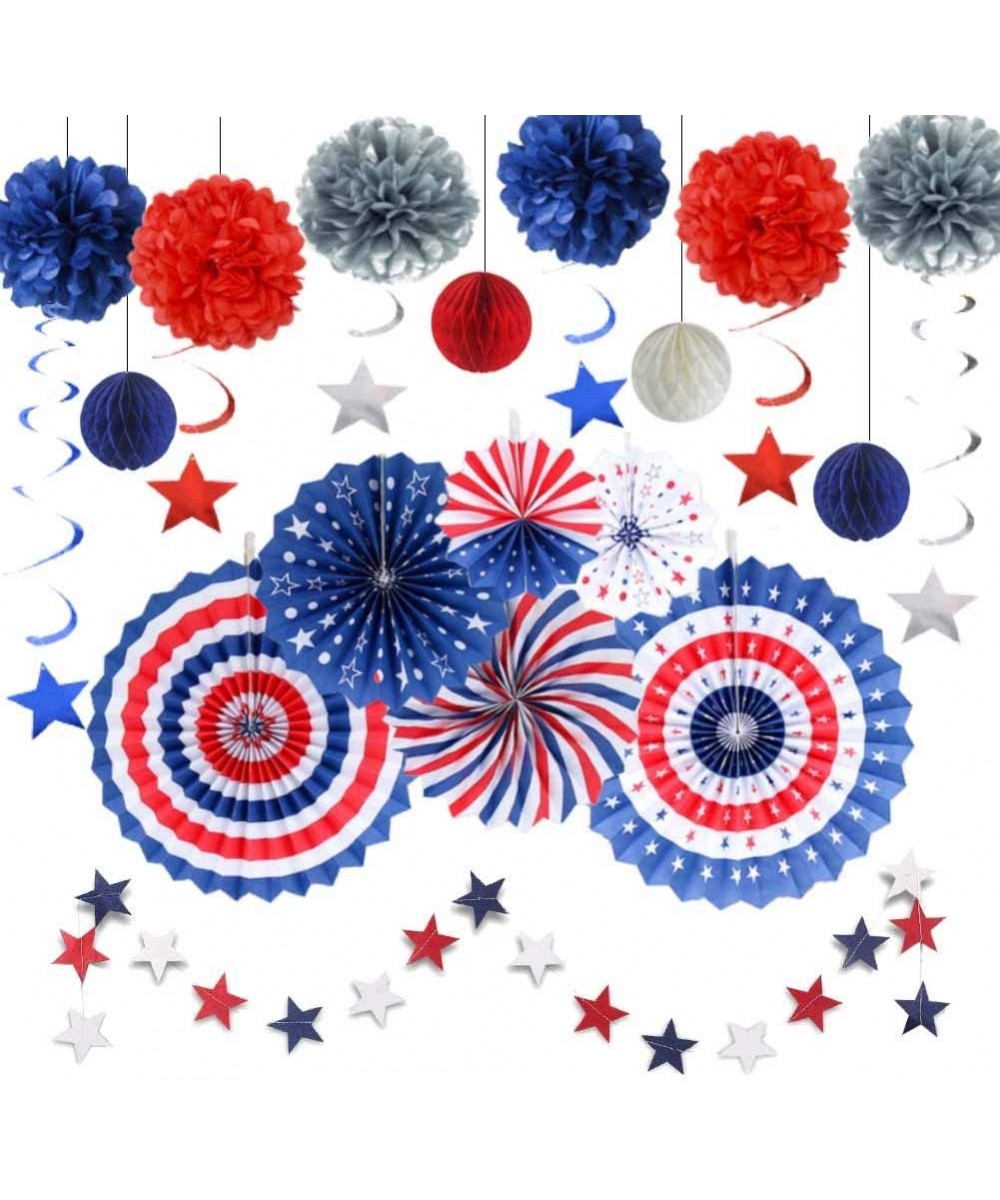 Patriotic Party Decorations Pack American Flag Party Supplies Armed Forces Day Red White and Blue Hanging Paper Fans Pom Poms...