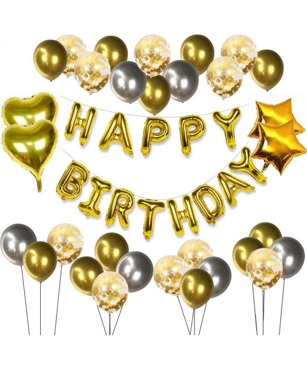 Golden Silver Happy Birthday Decorations Set - with Happy Birthday Balloons Banner- Star Foil Balloons- Heart Foil Balloons- ...