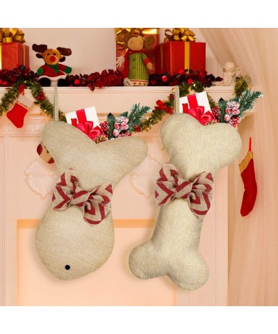 Dog Bone Christmas Stockings Fish Christmas Stockings Pet Burlap Stockings Fireplace Hanging Stockings with Bowknot for Chris...