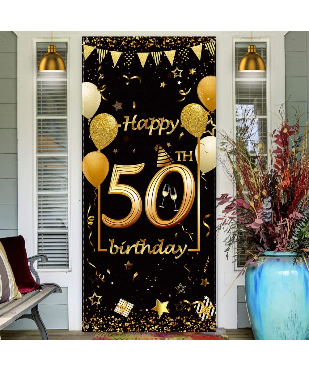 Happy 50th Birthday Party Decorations- Durable Fabric Made Black and Gold Happy 50th Birthday Sign Door Cover Photo Booth Bac...