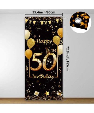 Happy 50th Birthday Party Decorations- Durable Fabric Made Black and Gold Happy 50th Birthday Sign Door Cover Photo Booth Bac...
