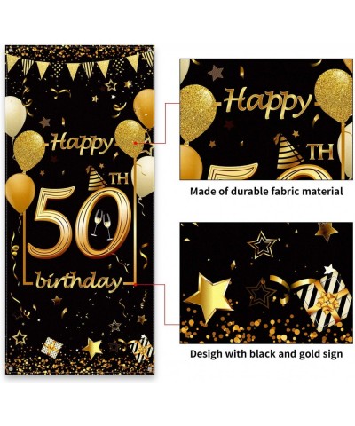 Happy 50th Birthday Party Decorations- Durable Fabric Made Black and Gold Happy 50th Birthday Sign Door Cover Photo Booth Bac...