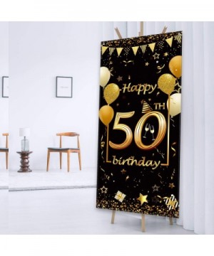 Happy 50th Birthday Party Decorations- Durable Fabric Made Black and Gold Happy 50th Birthday Sign Door Cover Photo Booth Bac...