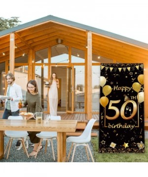 Happy 50th Birthday Party Decorations- Durable Fabric Made Black and Gold Happy 50th Birthday Sign Door Cover Photo Booth Bac...