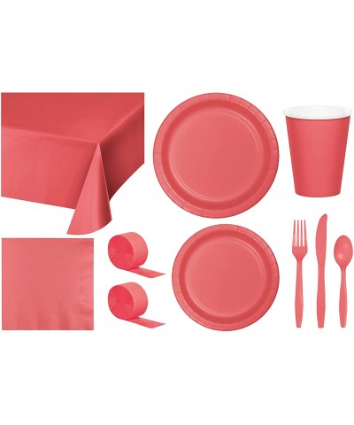 Party Bundle Bulk- Tableware for 24 People Coral- 2 Size Plates Napkins- Paper Cups Tablecovers and Cutlery- Box of 199 - Cor...