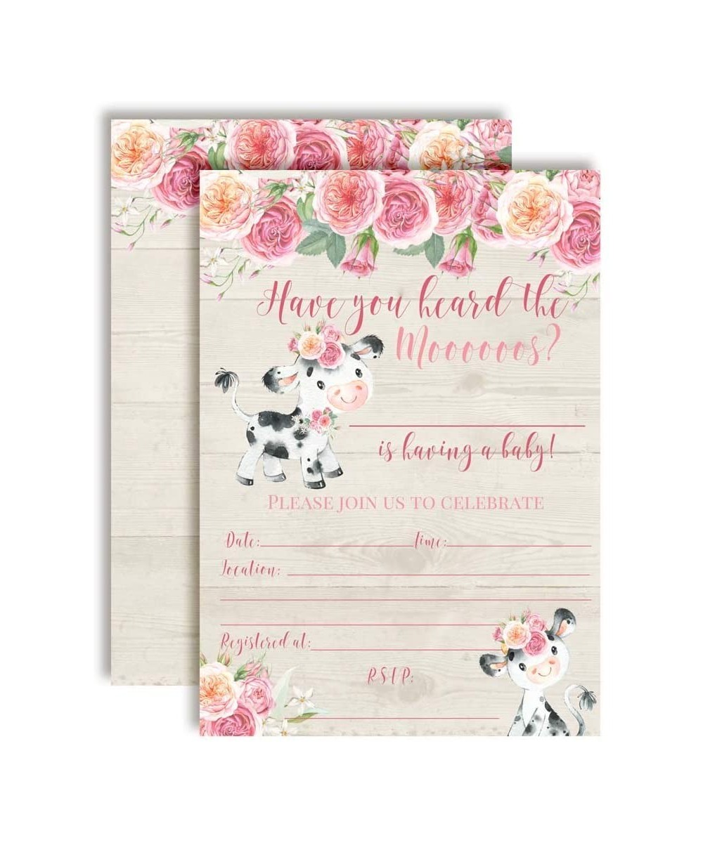 Watercolor Pink Floral Cow-Themed Baby Sprinkle Shower Invitations- 20 5"x7" Fill in Cards with Twenty White Envelopes by Ama...