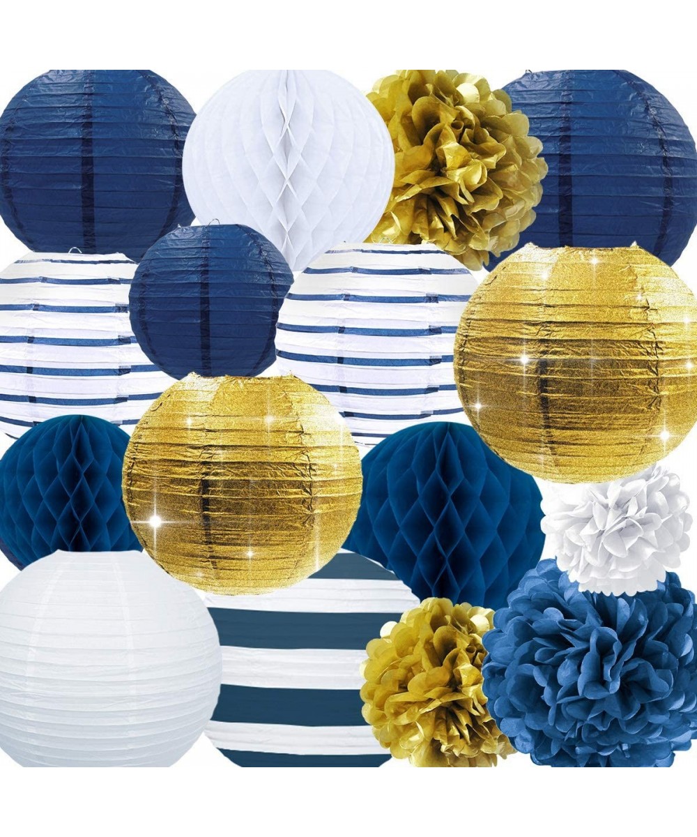 Nautical Party Supplies Glitter Gold and Stripe Paper Lanterns Navy Blue Tissue Pom Poms Hanging Honeycomb Ball for Birthday ...