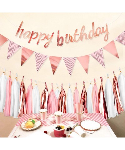 Rose Gold Happy Birthday Party Decoration Set - Rose Gold Happy Birthday Pennant Flag banner and 15pcs Pink White Rose Gold T...