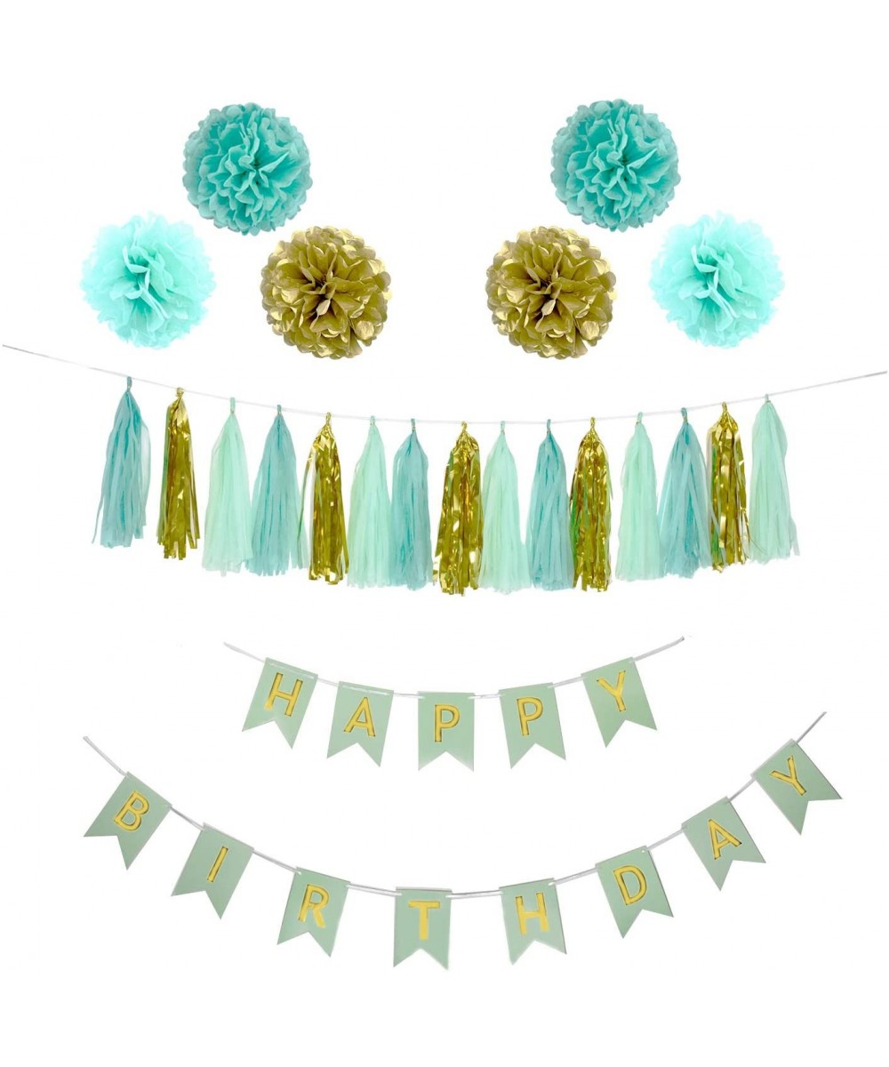 Happy Birthday Party Decorations Decor Supplies Mint Gold Blue with Wall Banner Tassel Pom Poms Flowers - C0194KKZ35M $7.35 B...