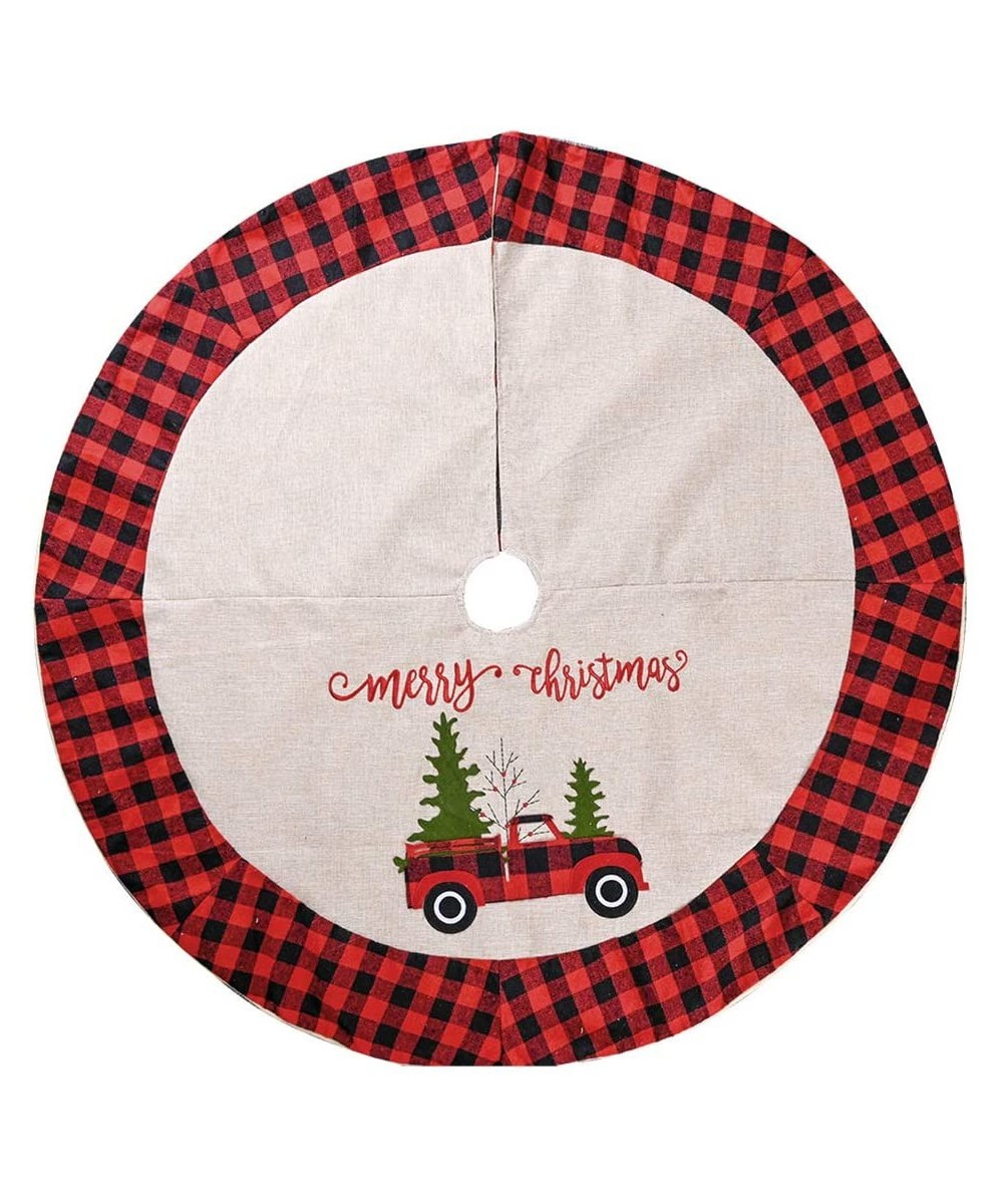 Farmhouse Burlap Christmas Tree Skirt 48 Inch Red and Black Buffalo Check Trim Car Pattern Xmas Tree Holiday Decorations (Pla...