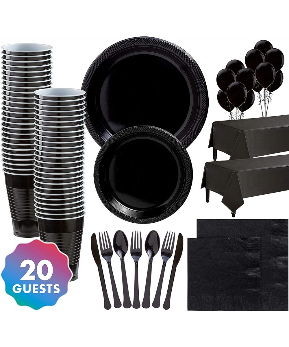 Solid Black Premium Plastic Tableware Supplies for 20 Guests- Include Plates- Napkins- Cups- and Balloons - CD18UO2GQAZ $33.2...