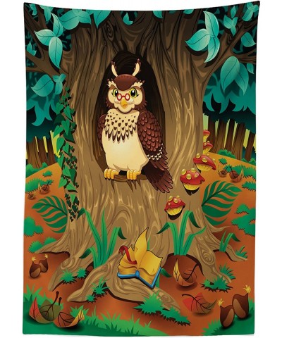 Owl Outdoor Tablecloth- Old Wise Nanny Grandma Owl in The Chestnut Tree Hallow Looking Through Sage Character- Decorative Was...