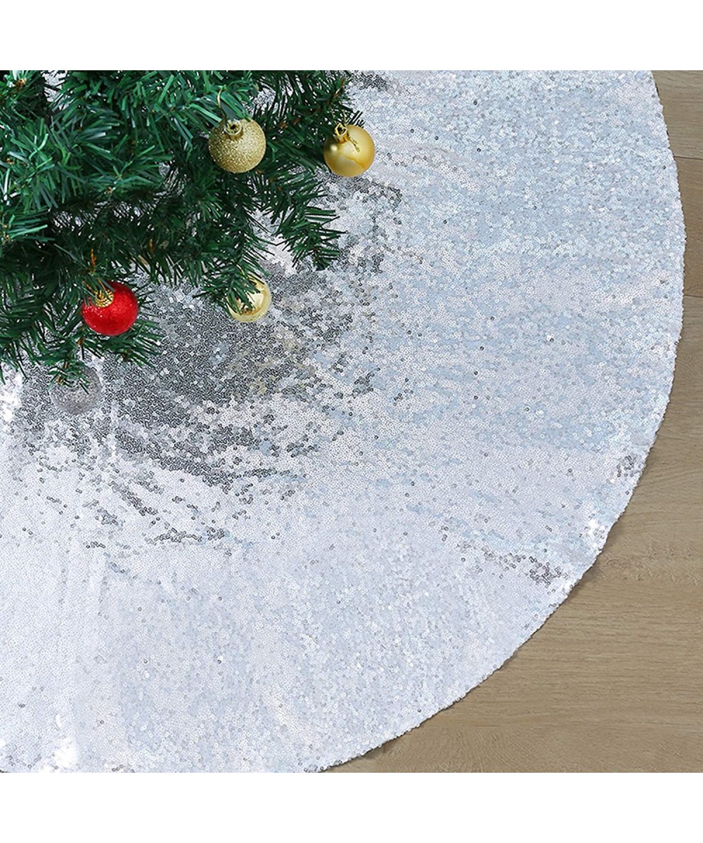 Christmas Tree Skirt Decoration Silver 48 Inch Round Tree Skirt Sequin Tree Mat for Xmas Holiday Party Ornaments - Silver - C...
