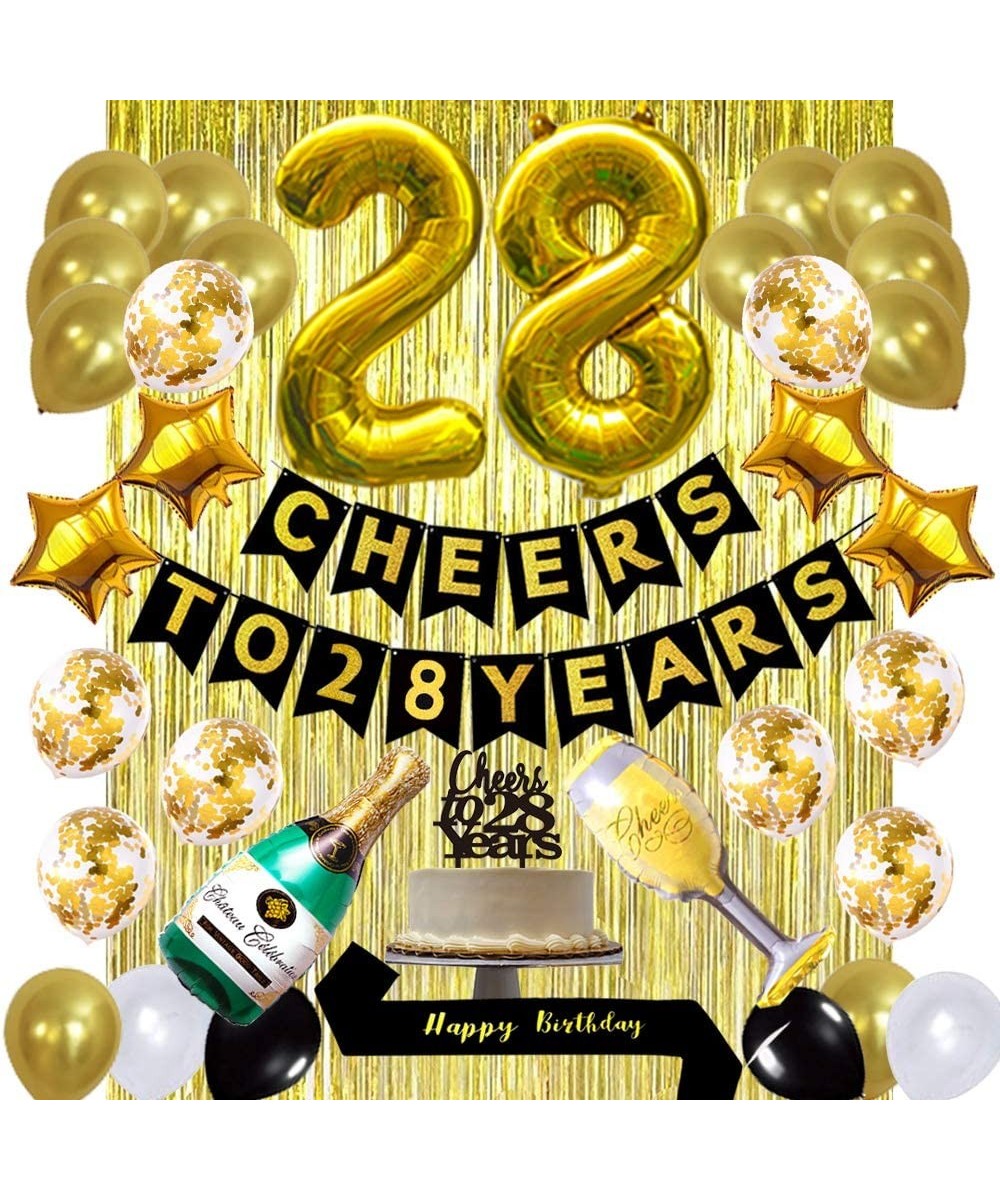 Gold 28th Birthday Decorations kit- Cheers to 28 Years Banner Balloons-28th Cake Topper Birthday Sash- Gold Tinsel Foil Fring...