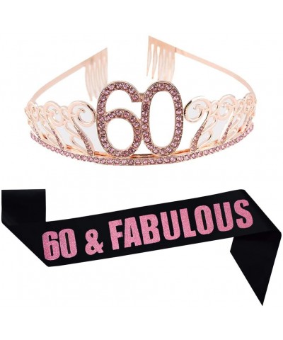 60th Birthday Pink Tiara and Sash- Glitter Satin Sash and Crystal Rhinestone Tiara Birthday Crown for Happy 60th Birthday Par...