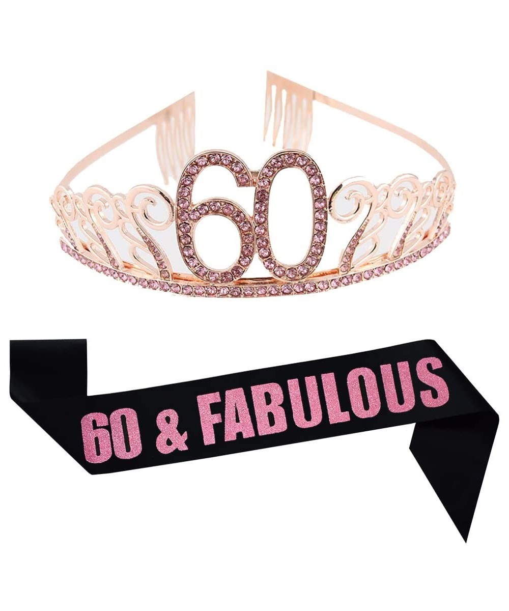 60th Birthday Pink Tiara and Sash- Glitter Satin Sash and Crystal Rhinestone Tiara Birthday Crown for Happy 60th Birthday Par...