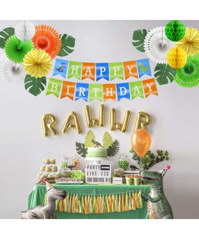 Jungle Dinosaur Birthday Party Supplies with Dino Happy Birthday Banner- Artificial Palm Leaves- Paper Fans- Honeycomb Balls ...