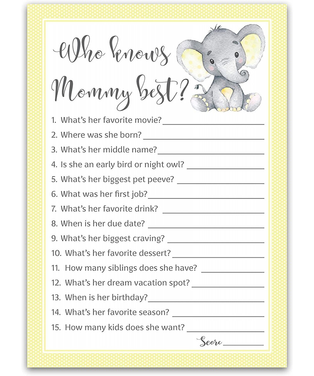 YELLOW ELEPHANT Baby Shower Games Who Knows Mommy Best - Pack of 25 - GENDER NEUTRAL Baby Shower Game New Parent Couples Coed...
