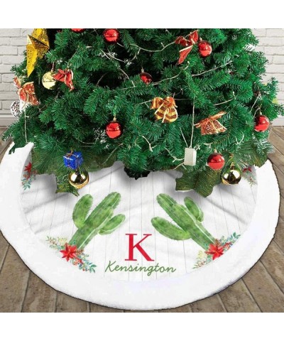 Rustic Christmas Cactus Southwestern Monogram Christmas Tree Skirt Mat Thick Tree Decor Carpet with Faux Fur Edge Holiday Chr...