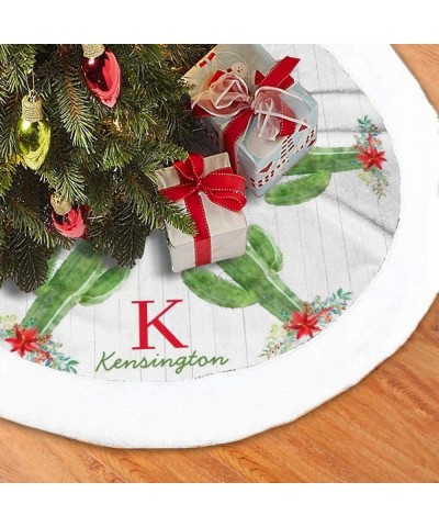 Rustic Christmas Cactus Southwestern Monogram Christmas Tree Skirt Mat Thick Tree Decor Carpet with Faux Fur Edge Holiday Chr...