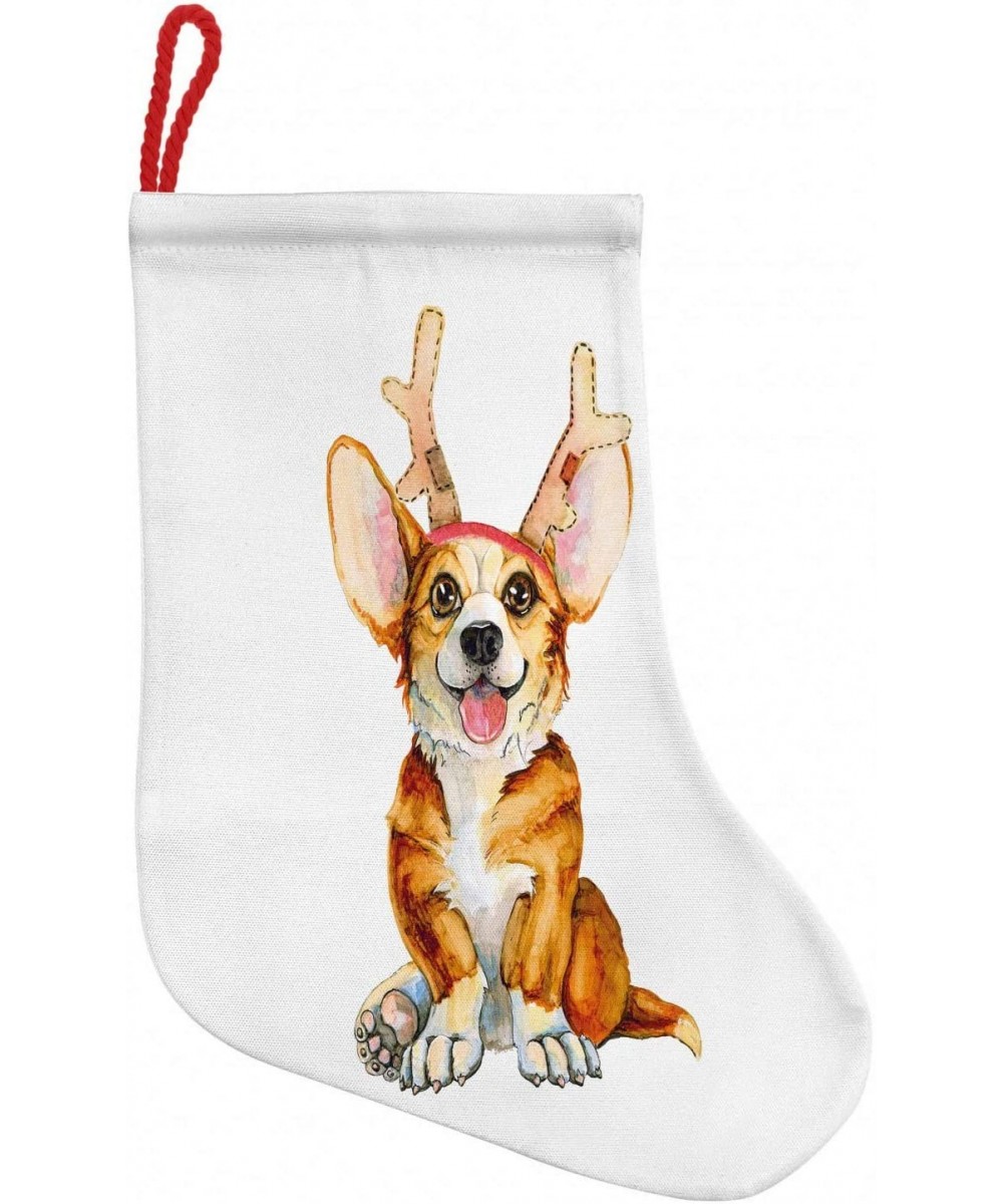 Puppy Hanging Stocking Bag- Funny Christmas Themed Watercolor Painting of Happy Corgi Dog with Deer Antlers Image- Christmas ...