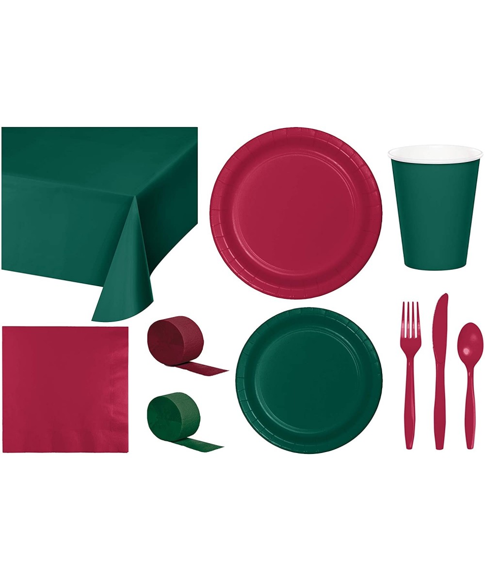 Party Bundle Bulk- Tableware for 24 People Hunter Green and Burgundy- 2 Size Plates Napkins- Paper Cups Tablecovers and Cutle...