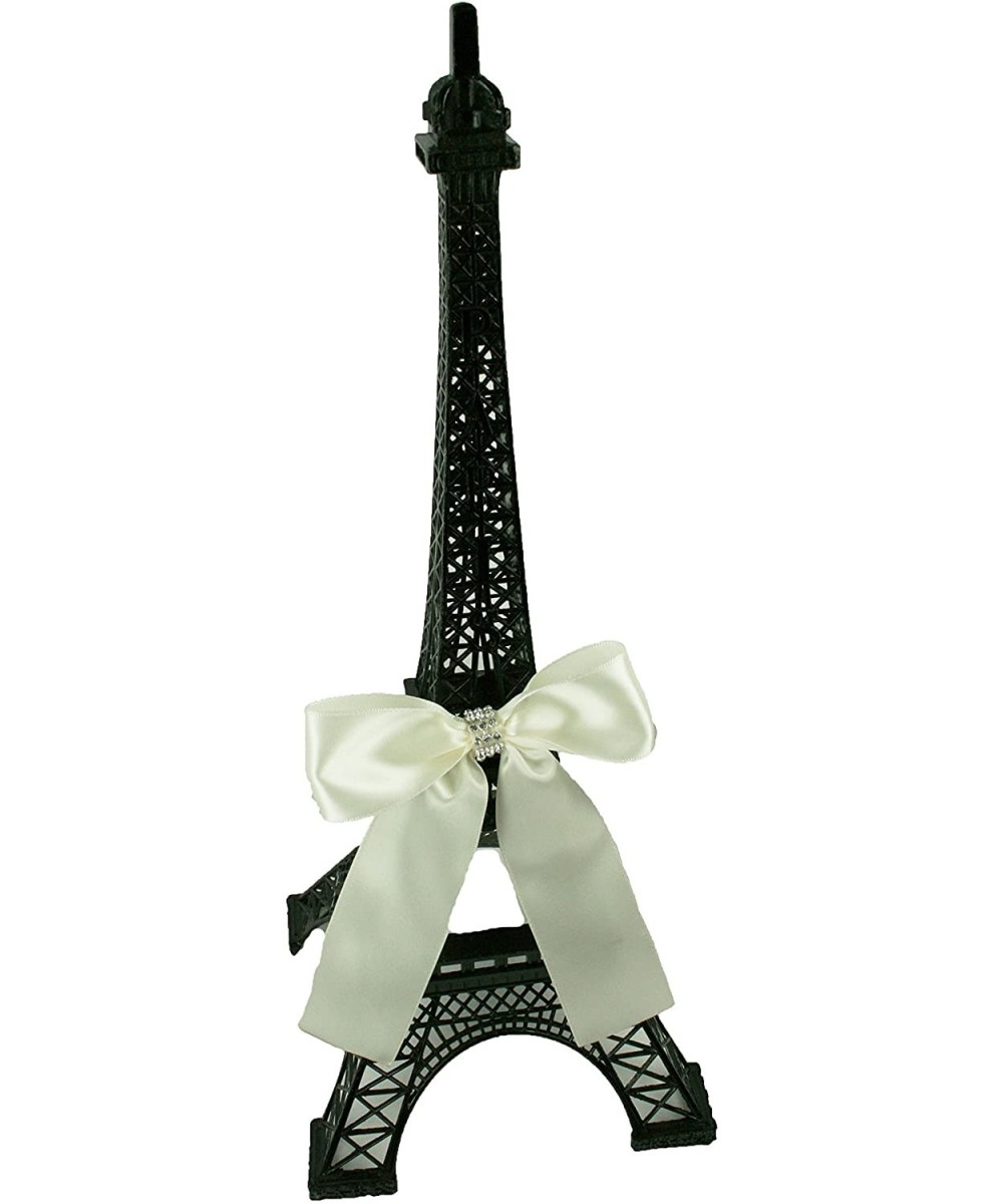 6" Tall Black Metal Eiffel Tower Cake Topper with Satin Bow Designed with Rhinestones Choose Bow Color - Antique White Bow - ...