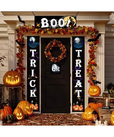 Boo Trick OR Treat Banner Halloween Porch Sign Outdoor Indoor Hanging Sign with Pumpkin Bat Skull Cat Spider Pattern for Gate...