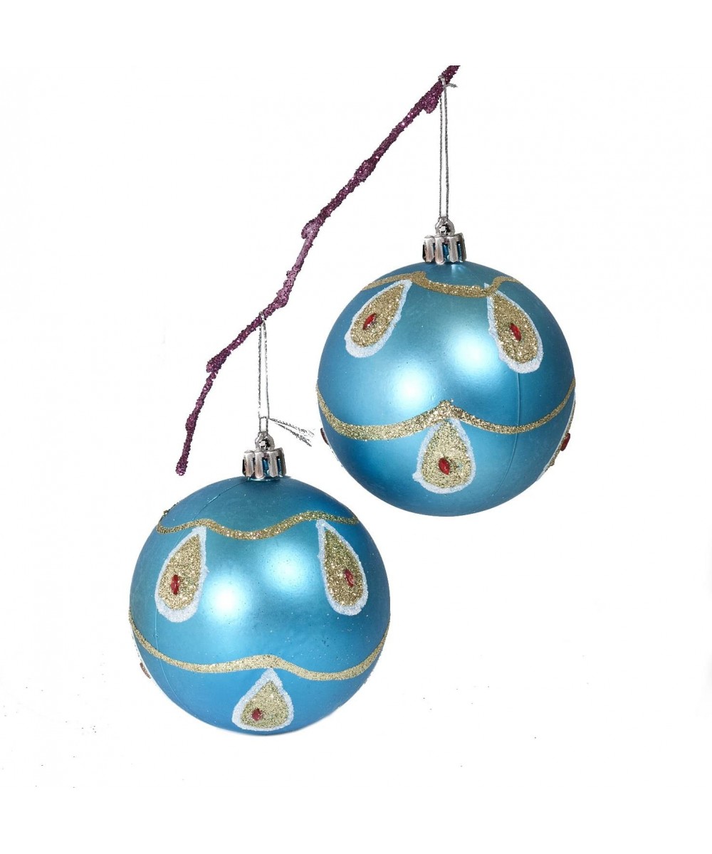 Handpainted 2-Piece Shatterproof Christmas Ornament Set- 3.14-Inch- Light Blue Matte Ball with Peacock and Acrylic Diamond - ...