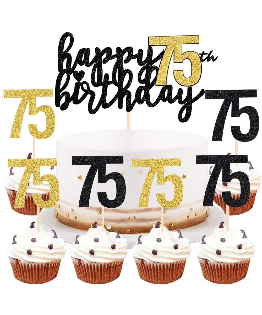 Happy Birthday Cake Topper Black Font Golden Numbers 75th Birthday Happy Cake Topper digital 75 Paper cup Cake topper Birthda...