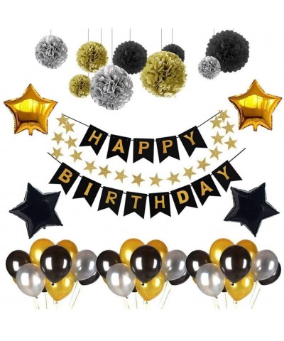 Black Gold Silver Birthday Party Decoration Set - Paper Pom Pom Flowers- Happy Birthday Banner and Star Garland Balloons Part...