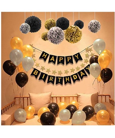 Black Gold Silver Birthday Party Decoration Set - Paper Pom Pom Flowers- Happy Birthday Banner and Star Garland Balloons Part...