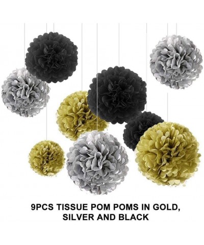 Black Gold Silver Birthday Party Decoration Set - Paper Pom Pom Flowers- Happy Birthday Banner and Star Garland Balloons Part...