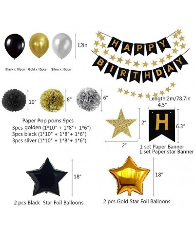 Black Gold Silver Birthday Party Decoration Set - Paper Pom Pom Flowers- Happy Birthday Banner and Star Garland Balloons Part...